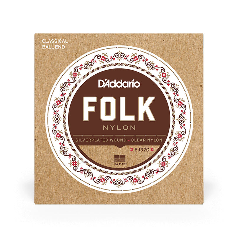 D'Addario EJ32C Folk Nylon Guitar Strings Ball End Silver Wound/Clear Nylon Trebles - Bananas at Large®