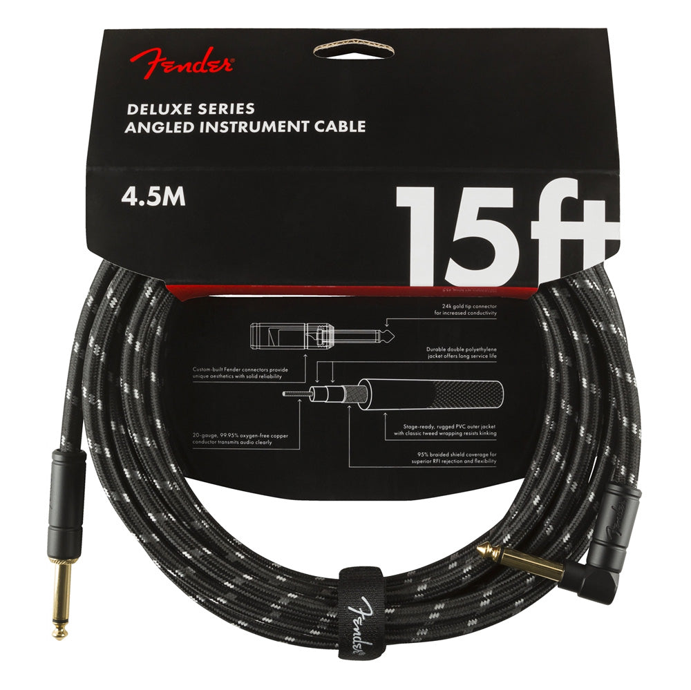 Fender Deluxe Series Straight to Angle Instrument Cable - Black Tweed - 15 ft. - Bananas at Large®
