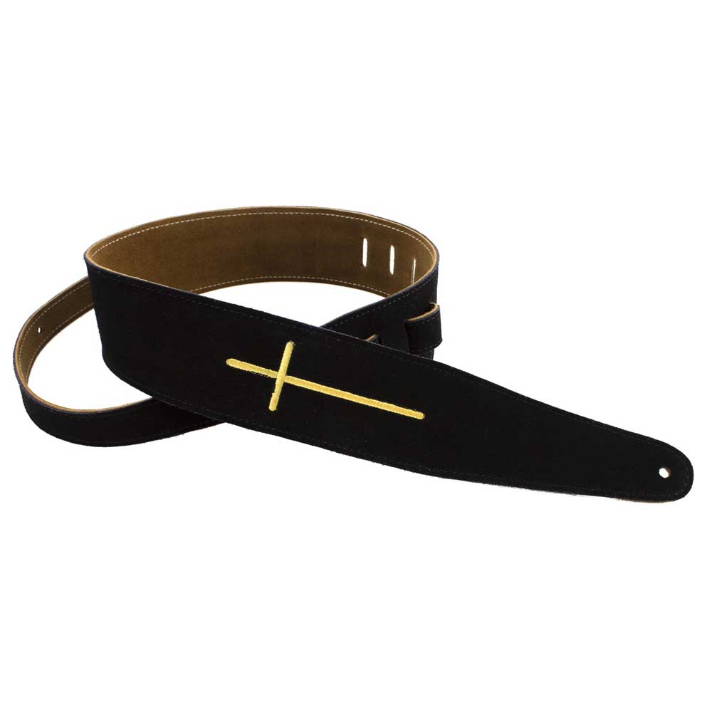 Henry Heller HP25ESCR-01 Suede Embroidered Embroidered Cross Design 2.5 in. Guitar Strap - Black