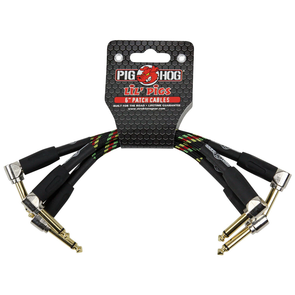 Pig Hog Lil Pigs Woven Patch Cables - 3 Pack - Rasta Stripe - 6 in.